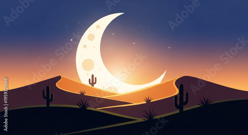 Desert landscape at dusk with crescent moon rising over mountains and cacti silhouettes