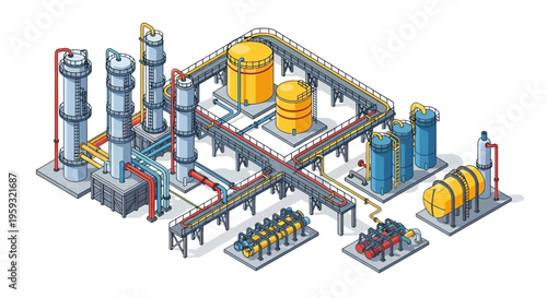 Isometric illustration of an oil refinery plant with people working, featuring a petroleum refinery factory design and layout on a white background, conveying a daytime industrial operation.