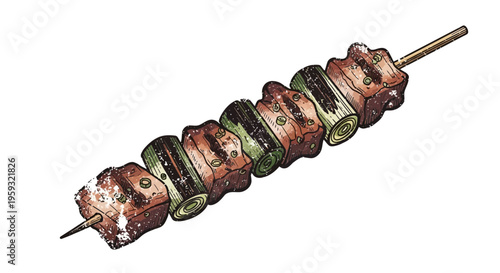 Grilled Meat Skewer with Scallions, Illustration