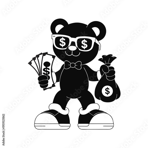 Bear character showcasing wealth with money and a treasure bag