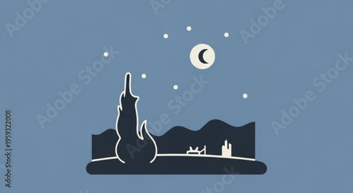 Cat howls at night moon with stars shining bright in the sky and a serene landscape