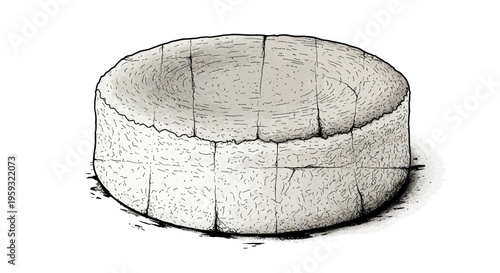 Hand-drawn illustration of a large round cheese wheel, isolated on white background