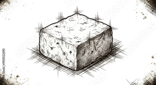 Hand-drawn illustration of a tofu block, sketch style
