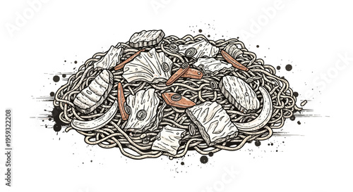 Hand-drawn noodle dish with meat and vegetables, ink sketch style