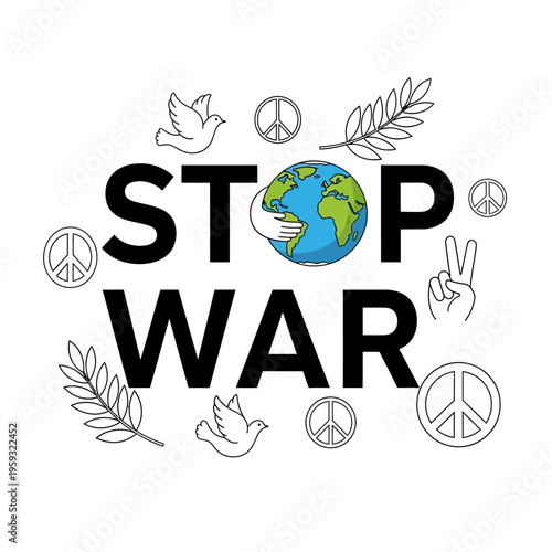 Stop War Peace Symbol Earth Dove Leaves Isolated White Background Vector