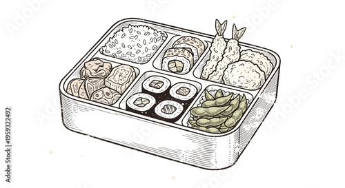 Japanese Bento Box Illustration - Sushi, Rice, Edamame, Tempura