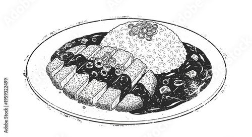 Japanese Katsu Curry with Rice - Hand Drawn Illustration