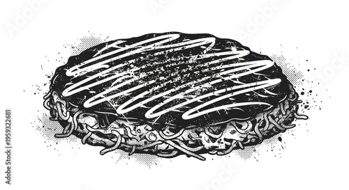 Japanese Okonomiyaki food illustration, hand-drawn style, black and white