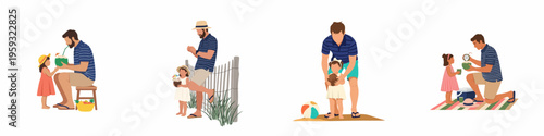 Flat vector illustration set of a father and young daughter enjoying summer beach activities, bonding, and sharing coconut drinks on white background.