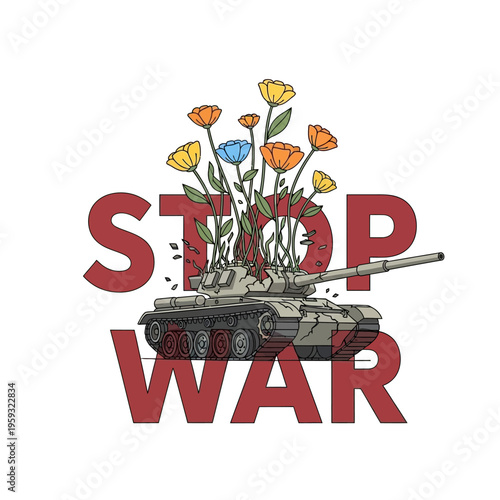 Stop War Tank with Flowers Isolated on White Background Vector Illustration