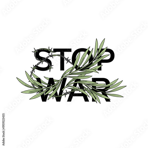 Stop War Olive Branch Barbed Wire Isolated Vector