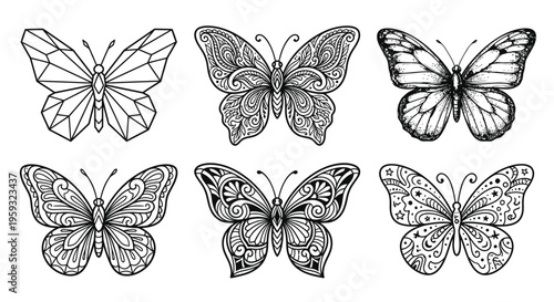 Set of Decorative Butterfly Vector Silhouettes with Mandala, Geometric, and Realistic Styles 1