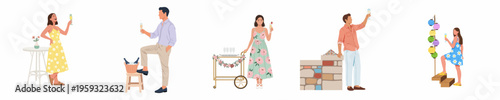 Flat illustration of diverse people in summer outfits celebrating at a garden party with champagne, drinks, and floral decorations.