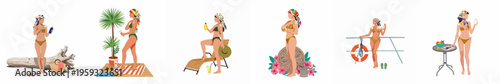 A collection of flat vector illustrations featuring women in bikinis applying sun protection lotion in various summer settings such as beach, poolside, and deck.