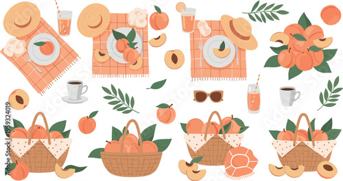 Hand drawn peach picnic vector set with baskets fruits drinks hats summer outdoor lifestyle illustration collection in soft pastel colors