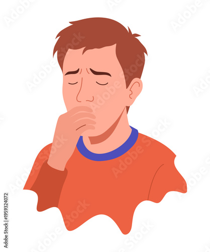 Flu symptom. Man showing cold symptom. Cough illness. Vector flu prevention poster