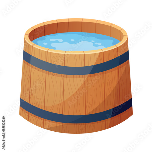 Wooden bath. Wood tub, cartoon rustic water bath barrel for public sauna traditional banya or onsen japanese hot spring, wellness relaxing bathtub basin neat vector illustration of tub bath wooden