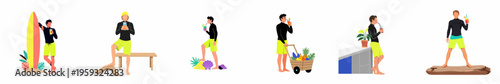 A set of flat vector illustrations showing surfers and beachgoers in rash guards and yellow shorts enjoying tropical drinks in various summer scenarios.