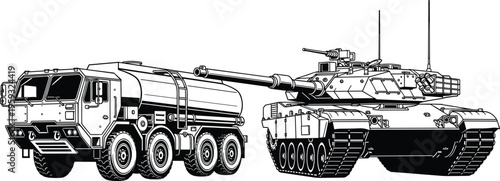 Detailed black and white illustration of military fuel tanker truck refueling main battle tank, showcasing logistics, armored vehicle support, combat readiness, and battlefield operations.