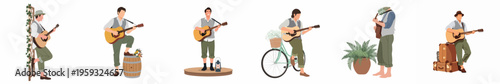 Set of flat vector illustrations featuring a male musician playing acoustic guitar in various rustic and vintage settings on a white background.