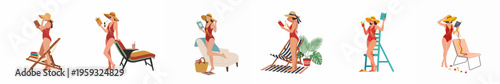 Set of six flat vector illustrations of a woman in a red swimsuit enjoying summer activities, reading books, and relaxing by the beach.