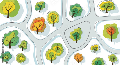 Top-down aerial view vector illustration of a park or forest with various green, yellow, and orange trees and winding grey paths, ideal for map backgrounds, nature concepts