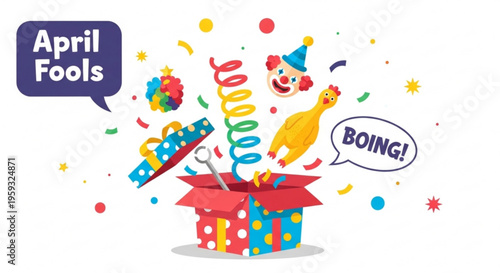 Colorful april fools day celebration with surprise gift box confetti and party accessories