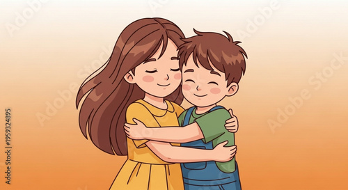Two children hugging each other warmly with closed eyes on orange background