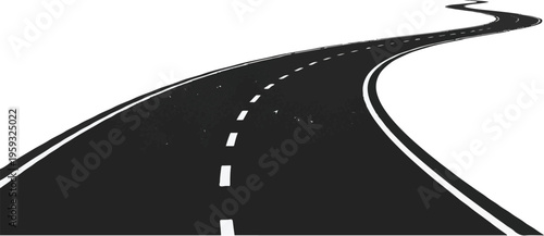 A winding black road stretches into the distance on a white background