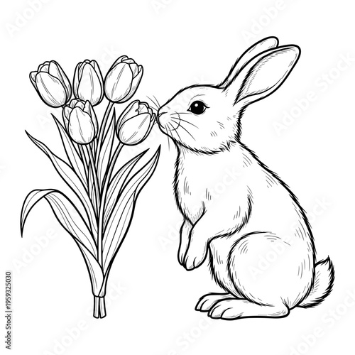 Bunny sniffing tulips in black outline illustration, isolated on transparent background  