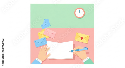 Person writing letters and sending emails with clock in background on desk
