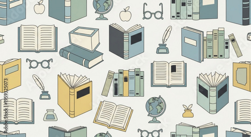 Colorful illustration of various books globes and school supplies on a white background education concept