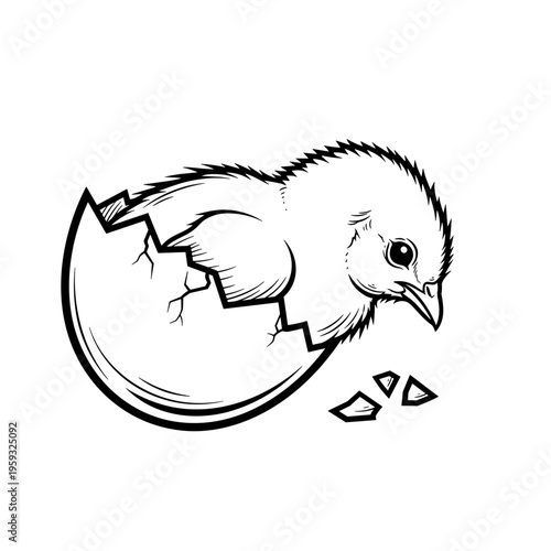 Chick pecking out of broken eggshell, isolated on transparent background  