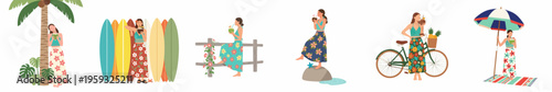 A series of illustrations showing a young woman enjoying various tropical summer activities like drinking coconut, biking, and relaxing at the beach.