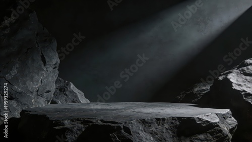 A round booth with dark rock texture presents a calm and heavy high-end sense against a dark background, making it a visual material image suitable for backgrounds, materials and product booth scenari