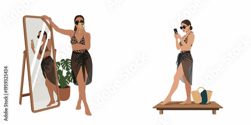 Set of vector illustrations featuring a young woman in a leopard print bikini and black sarong taking selfies on white background.