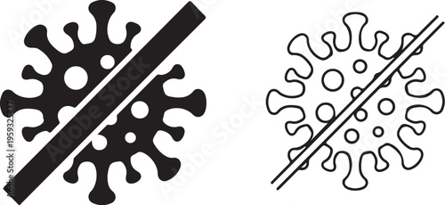 A vector illustration of two coronavirus icons with a prohibition symbol overlaid on a white background