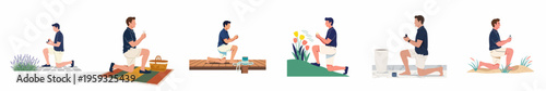 Set of Flat Vector Illustrations of a Man Proposing in Various Romantic Outdoor and Indoor Settings with an Engagement Ring