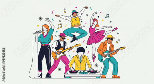 Vibrant band performance with energetic dancers and musicians playing guitar singing and djing on stage with colorful music notes