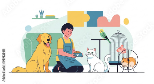 Woman sitting with dog cat bird and hamster in colorful home environment with pet accessories