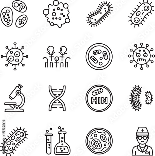 A collection of black and white line drawings depicting various microscopic organisms and medical laboratory equipment