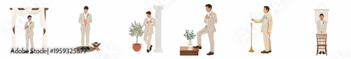 Flat illustration set of a groom in a beige pinstriped suit in various wedding-themed poses and settings, minimalist design.