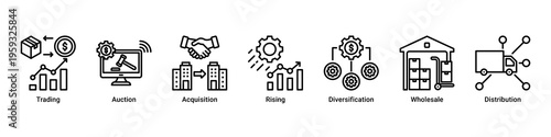 Market Growth web banner icon illustration with Trading,Auction,Acquisition,Rising,Diversification,Wholesale,and Distribution