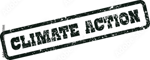 A powerful rubber stamp impression declares CLIMATE ACTION, symbolizing urgent global environmental initiatives