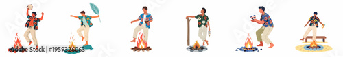 A collection of flat illustrations featuring a man in a Hawaiian shirt enjoying various tropical beach party activities around a bonfire.