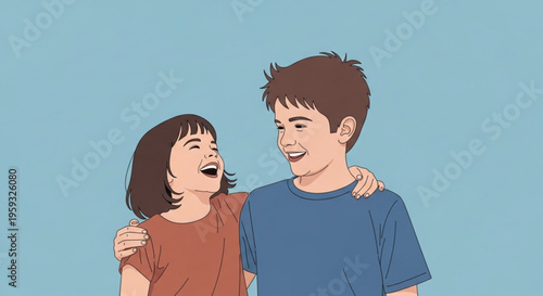 Smiling siblings in casual clothes laughing together with arms around each other on blue background
