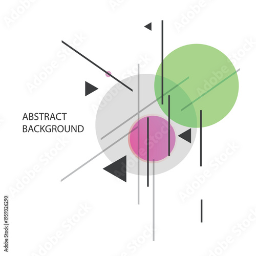 Abstract geometric vector design featuring black triangles, purple and brown circles, and intersecting lines.