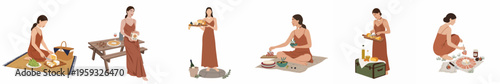 Set of minimalist flat illustrations depicting a woman enjoying various outdoor picnic activities with cheese, wine, and fruit on a white background.