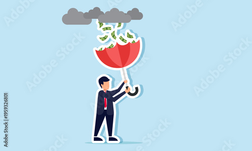 Businessman collecting falling money from clouds using umbrella illustration of seeking profit and generating income opportunity