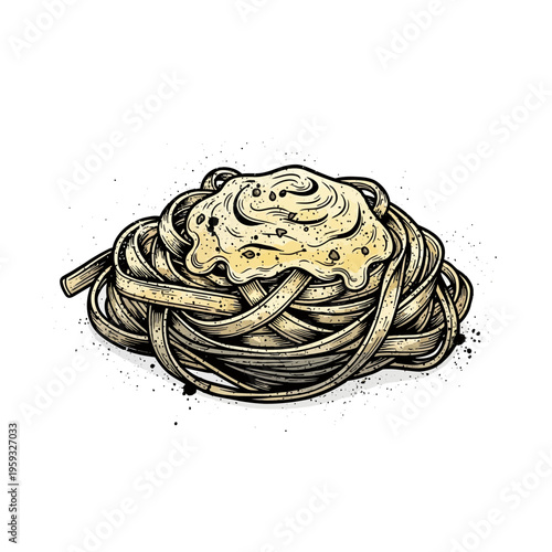 Fettuccine Alfredo pasta illustration, creamy sauce, Italian food art, isolated on white